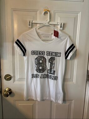 Guess White Graphic Tee with Black Sleeve Stripes
